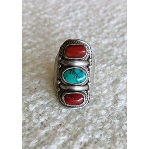 Nepalese Genuine Turquoise and Coral Sterling Silver Ring